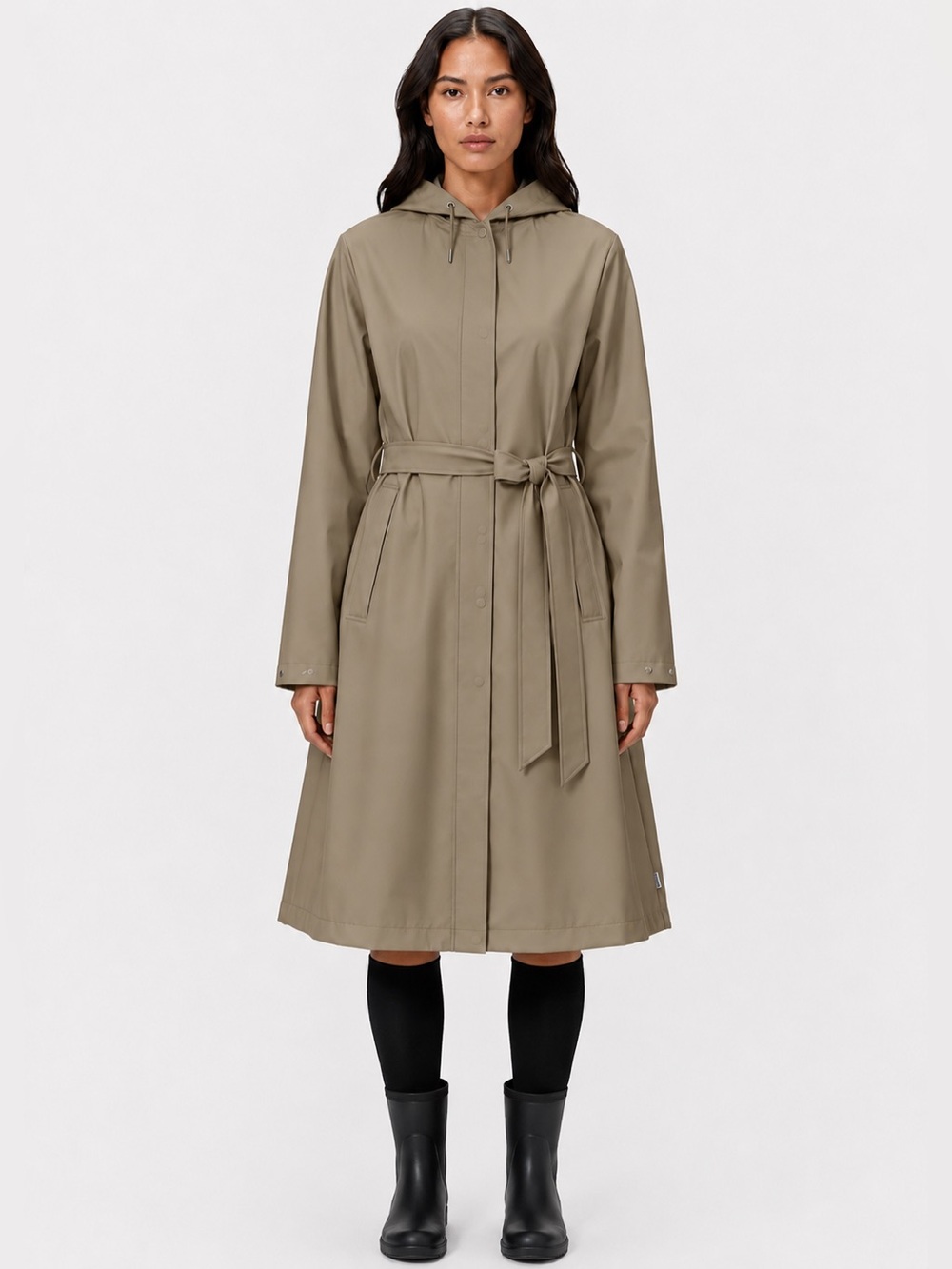 Rains women’s A-Line Longer W3 Jacket Sand beige tan size XL Hooded Raincoat